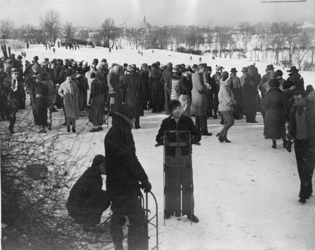 Sledding on Art Hill, 1937